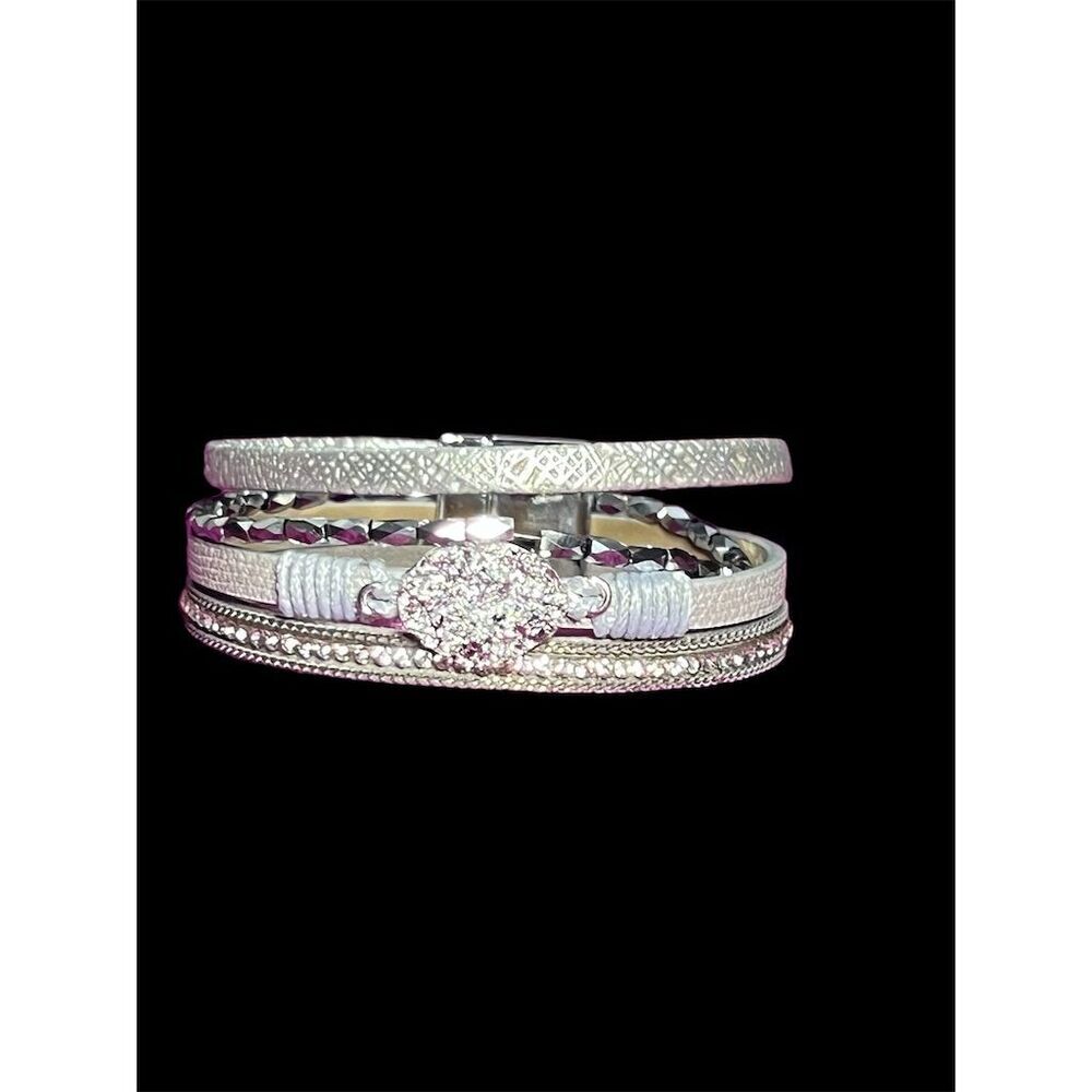 Boho Leather Wrap Bracelet with Rhinestones and Magnetic Clasp - Picture 11 of 13
